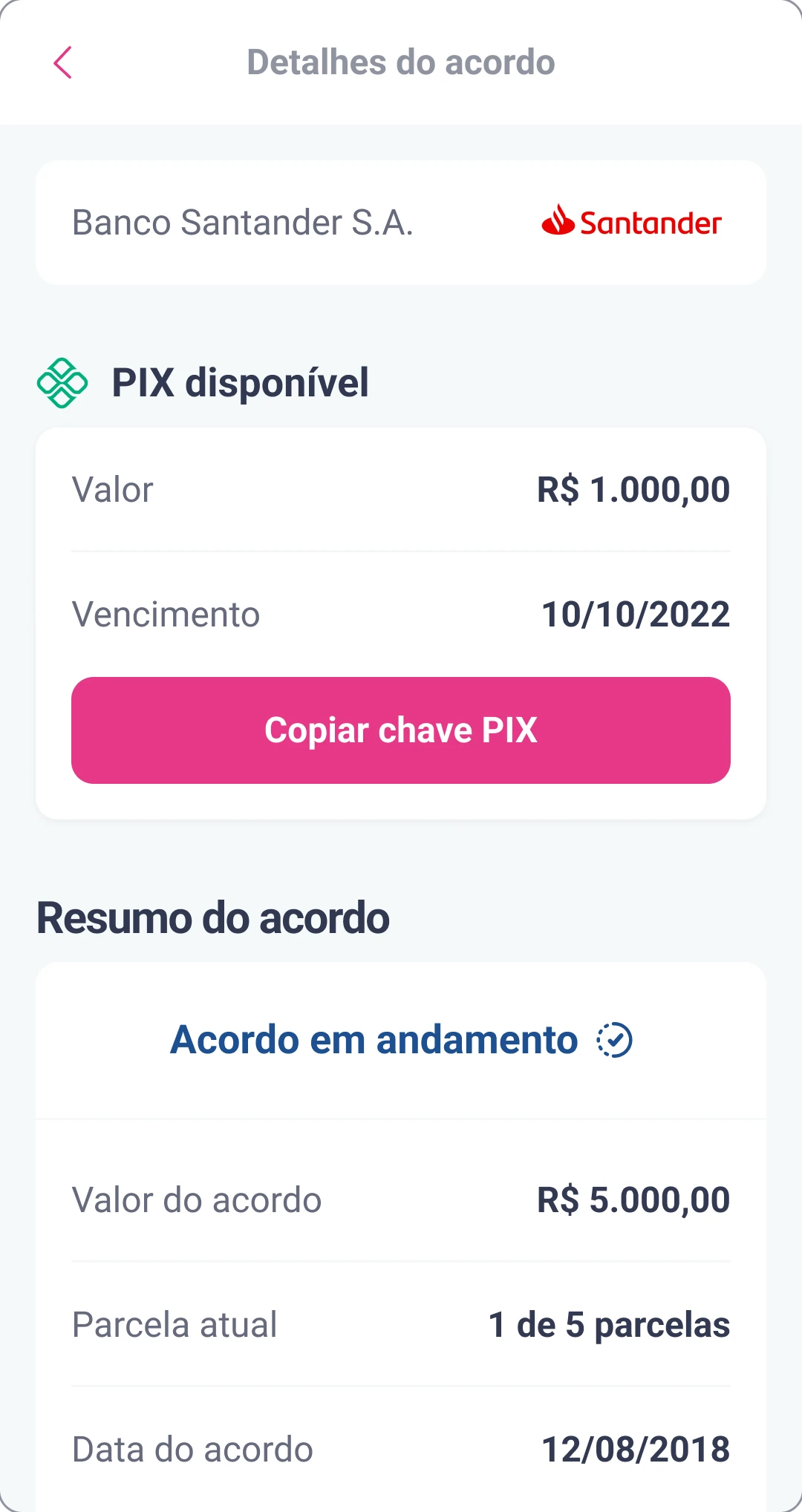 The new agreement details page in Portuguese, with the same Pix payment and an agreement summary listing the agreement value, current installment and agreement date, without the progress bar.