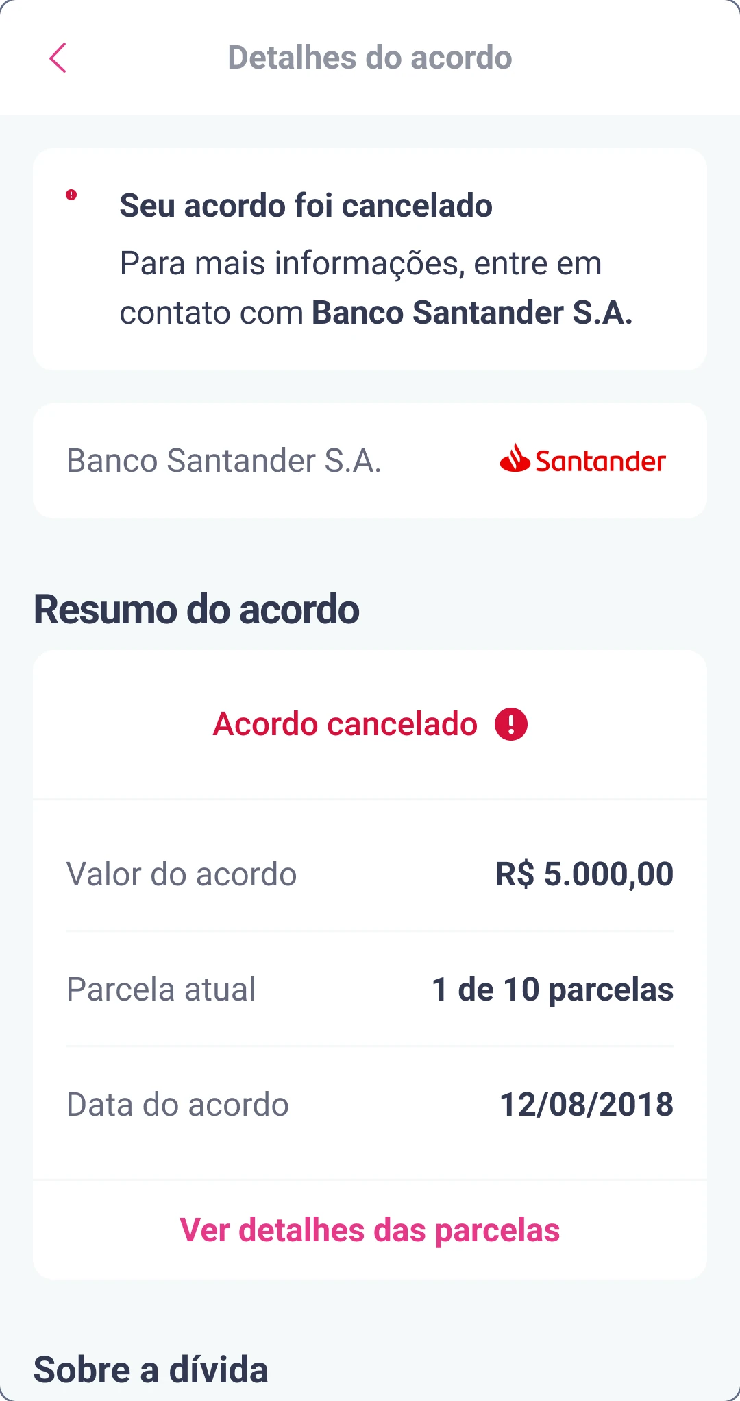 Agreement details in Portuguese with an alert that the agreement was cancelled and a summary marked Agreement cancelled.