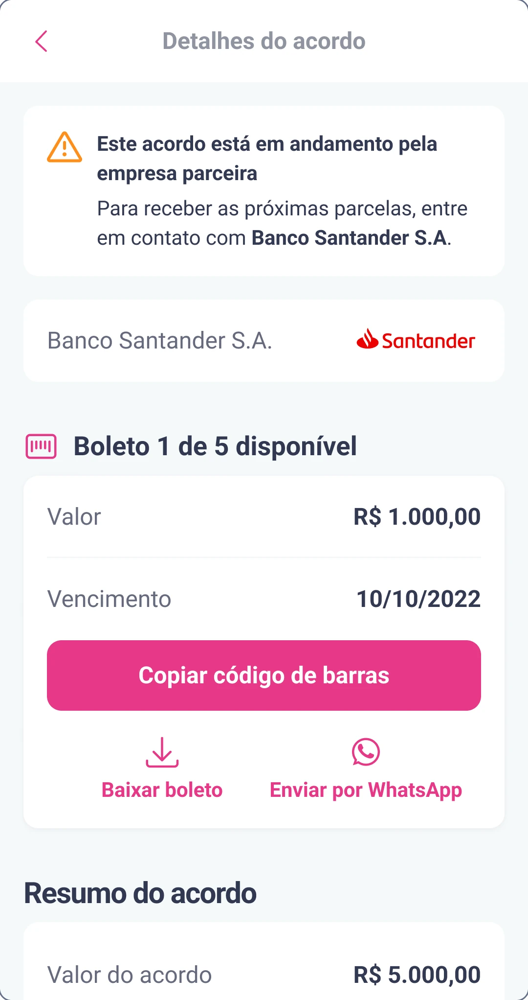 Agreement details in Portuguese with a warning that the agreement is in progress with the partner company, a boleto available with a button to copy the barcode, and options to download the boleto or send it by WhatsApp.