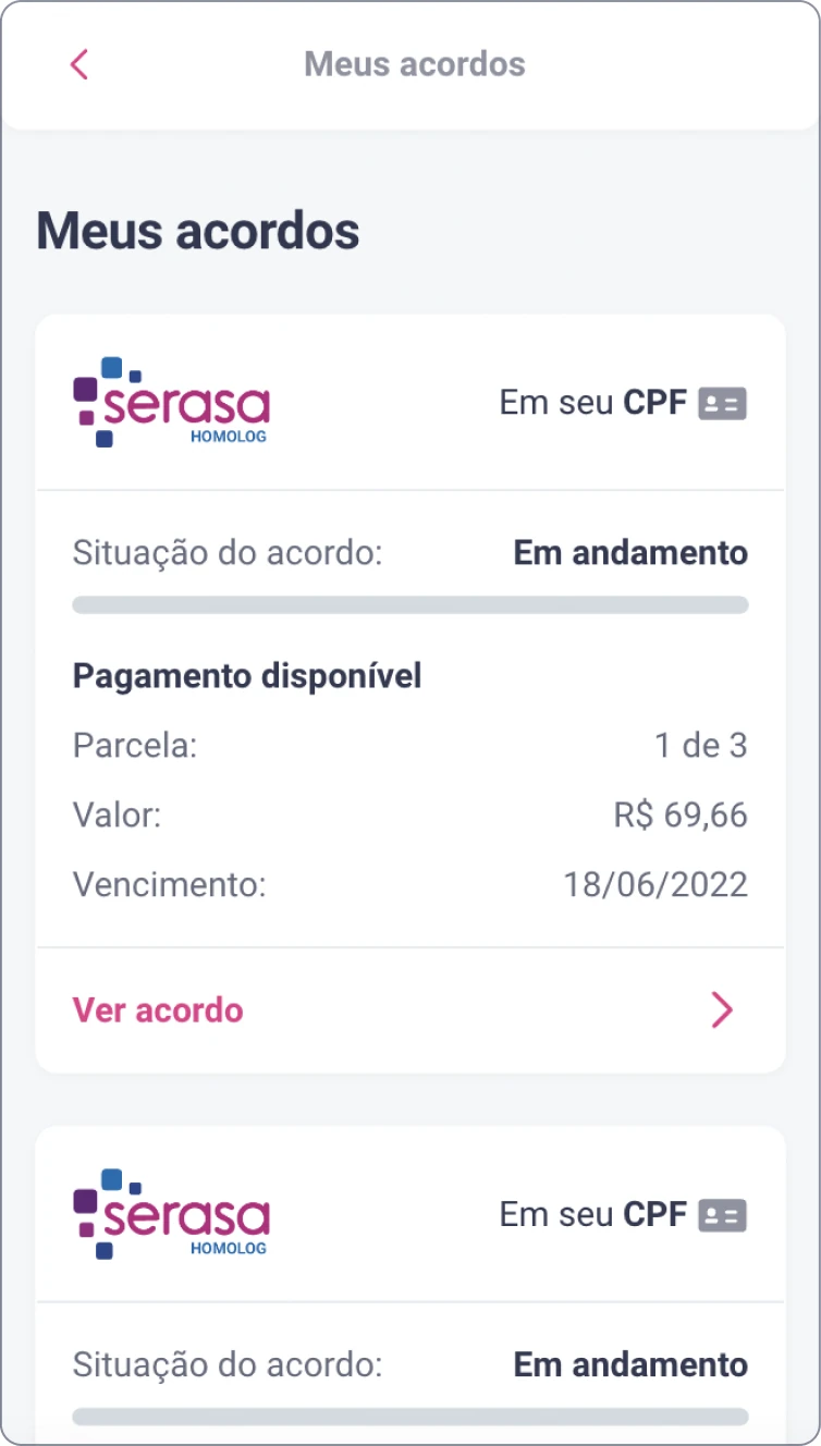 The old agreements list in Portuguese: large cards, each repeating the Serasa logo, whether the debt is on your CPF, the agreement status with a progress bar, and the installment, amount and due date.