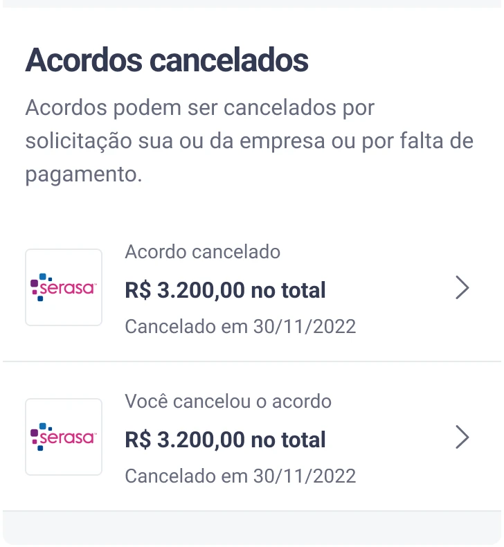 The section “Cancelled agreements”, in Portuguese, with two agreements: Agreement cancelled, and You cancelled the agreement.