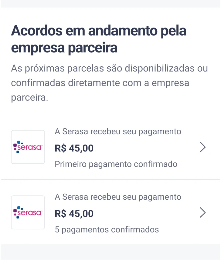 The section “Agreements in progress with the partner company”, in Portuguese, with two agreements: one with the first payment confirmed and one with five payments confirmed.