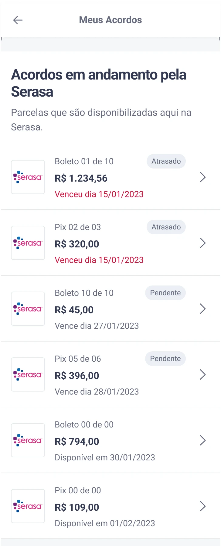 The section “Agreements in progress with Serasa”, in Portuguese: two agreements with an overdue payment, two with a pending payment and two whose next payment is not available yet.