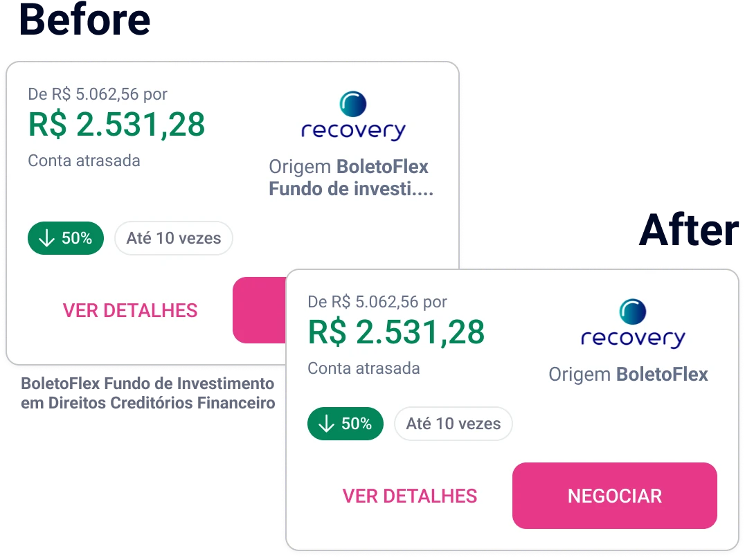 A debt offer card before and after. Before, the origin reads as a truncated legal fund name, ‘BoletoFlex Fundo de Investimento em Direitos Creditórios Financeiro’. After, it reads simply ‘Origem BoletoFlex’.