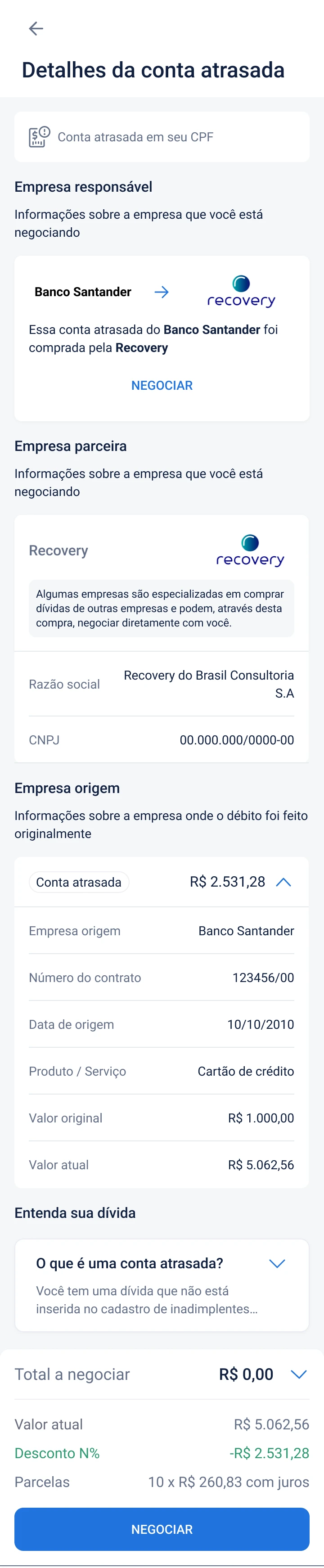 The debt details page in Portuguese. A block shows the debt moving from Banco Santander to Recovery, followed by sections on the partner company, with a short explanation of what it does, and on the original company.